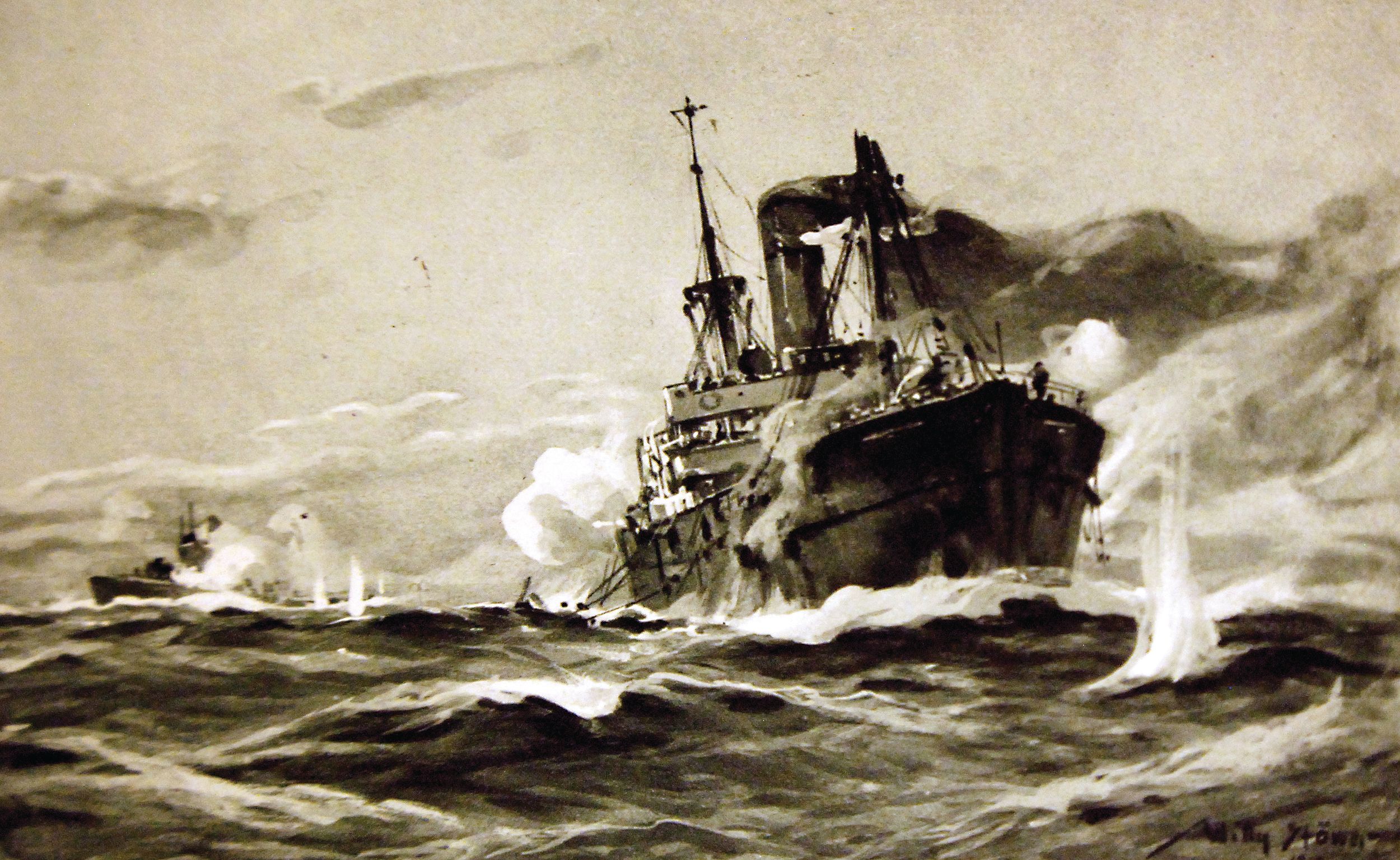 A German U-boat engages in a high-stakes duel with an armed merchant ship in this 1917 illustration by maritime artist Willy Stöwer. Originally produced as a hand-tinted postcard, the colors capture the grim reality of the Central Powers’ “unrestricted submarine warfare” campaign. In response, the Royal Navy’s Q-ships or “Mystery Ships” were born—an armada of small, nondescript freighters that looked like the tramp steamers. Their engines and boilers were upgraded to give them more speed and their deckhouses cut down to conceal gun mounts hidden behind collapsible walls as they tried to lure subs within their gun range.