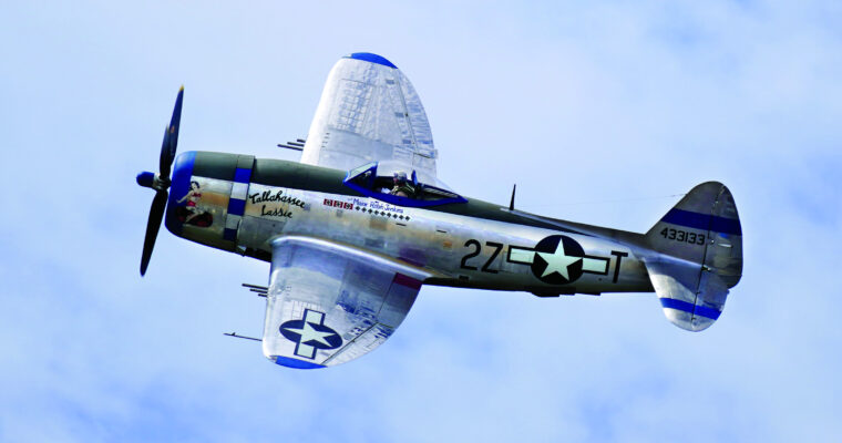 The Flying Heritage & Combat Armor Museum’s rare, airworthy P-47D Thunderbolt Tallahassee Lassie in flight at Paine Field near Everett, Washington, in 2019. The restored “jug” serves as a flying tribute to Col. Ralph C. Jenkins, who led the 510th Fighter Squadron from the hedgerows of France all the way to Germany.