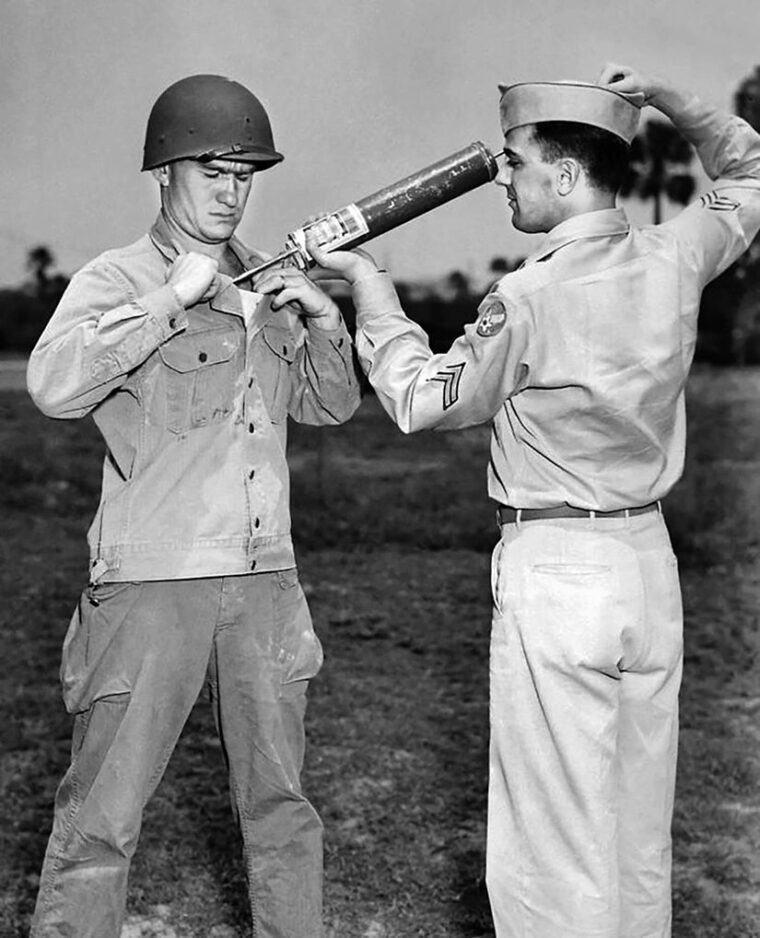 While manual dusting pumps like this one were used to inject louse-killing DDT powder directly into the clothing of troops and civilians to halt epidemic typhus, liquid DDT solutions were also sprayed across tropical and Mediterranean encampments to neutralize the mosquito populations driving malaria outbreaks.