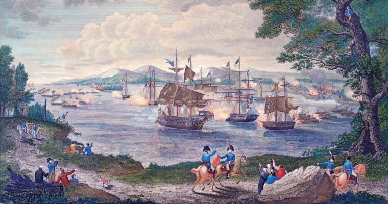 This 1816 engraving by Benjamin Tanner after Hugh Reinagle of Master Commandant Thomas Macdonough’s victory on Lake Champlain lays out the tactical geometry of the bloody, point-blank grapple on September 11, 1814. To nullify the Royal Navy’s overwhelming long-range firepower, Macdonough anchored his ships in a rigid, north-to-south defensive line across the bay, forcing the British to round Cumberland Head into a headwind, allowing the American guns to rake them before they could form their line of battle. The American line included: 1-Saratoga, Macdonough’s 26-gun flagship; 2-Eagle, a 20-gun brig; 3-Ticonderoga, a converted merchant steamer; 4-Preble, a 7-gun sloop; 5-American galleys, fast-rowing gunboats interspersed throughout the defensive line to fill gaps and repel boarding parties. The British Squadron included: 9-Confiance, 37-gun British flagship; 10-Linnet, 16-gun brig; 11-Chubb, captured former American sloop (Growler); 12-Finch, re-captured American sloop (Eagle); 13-British galleys.