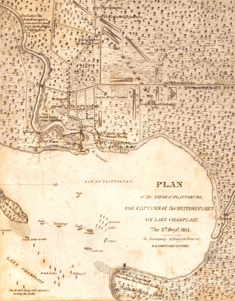 This 1814 plan accompanied Benjamin Tanner’s engraving of Hugh Reinagle’s painting of the victory on Lake Champlain (page 82). Oriented with west at the top, it depicts the British fleet entering Plattsburgh Bay from the east to engage the American line stretched between Crab Island (left) and Cumberland Head (lower right). West of the town, the British army faces American redoubts guarding the approach to the bay.