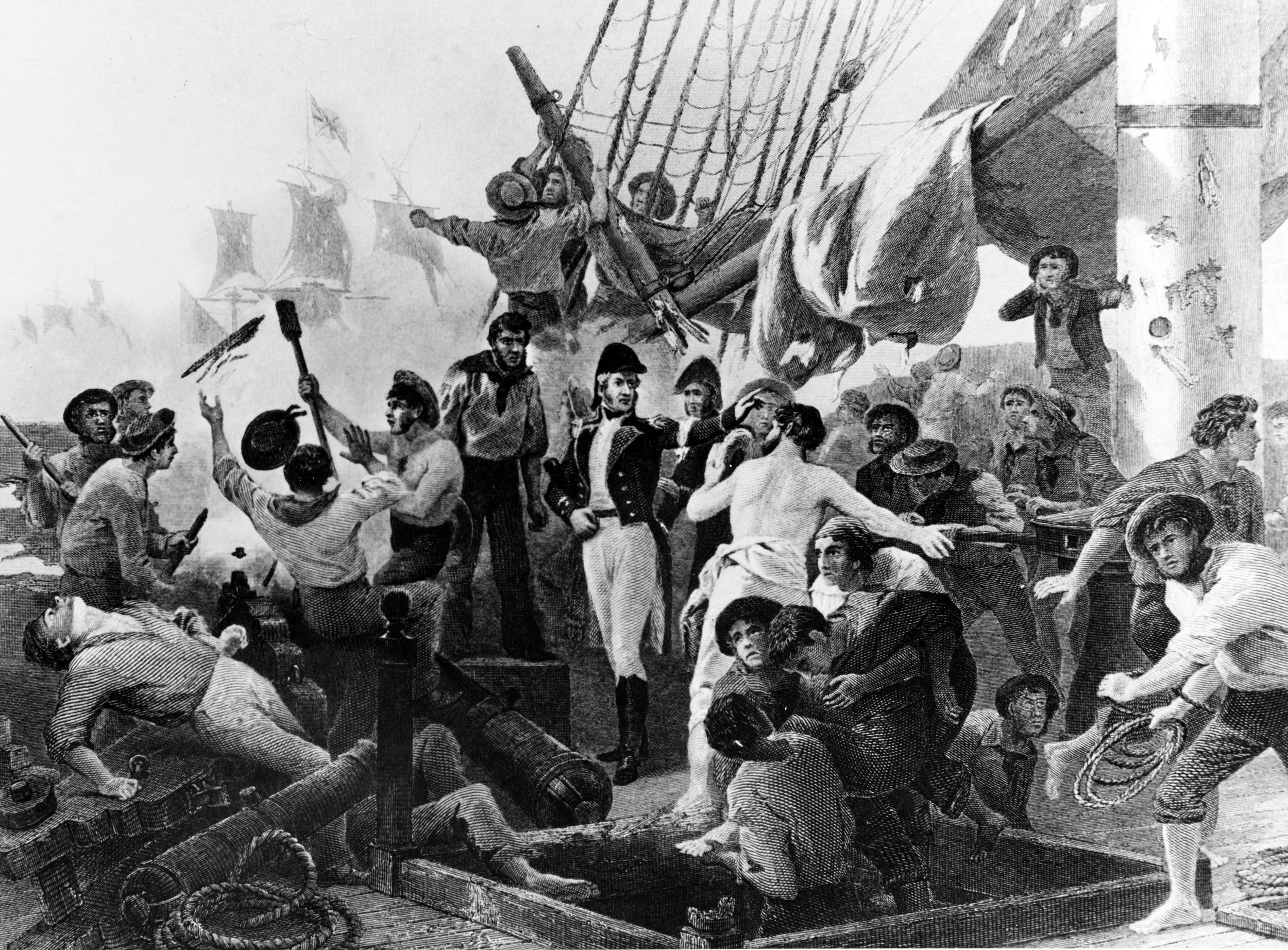 This 1866 engraving, Battle of Lake Champlain—Macdonough's Victory, depicts Master Commandant Thomas Macdonough directing the crew on his flagship, Saratoga, on September 11, 1814. During the engagement—also known as the Battle of Plattsburgh—Macdonough manned and sighted cannons alongside his men. Though knocked unconscious by a falling spar, he recovered to lead the American fleet to victory. 