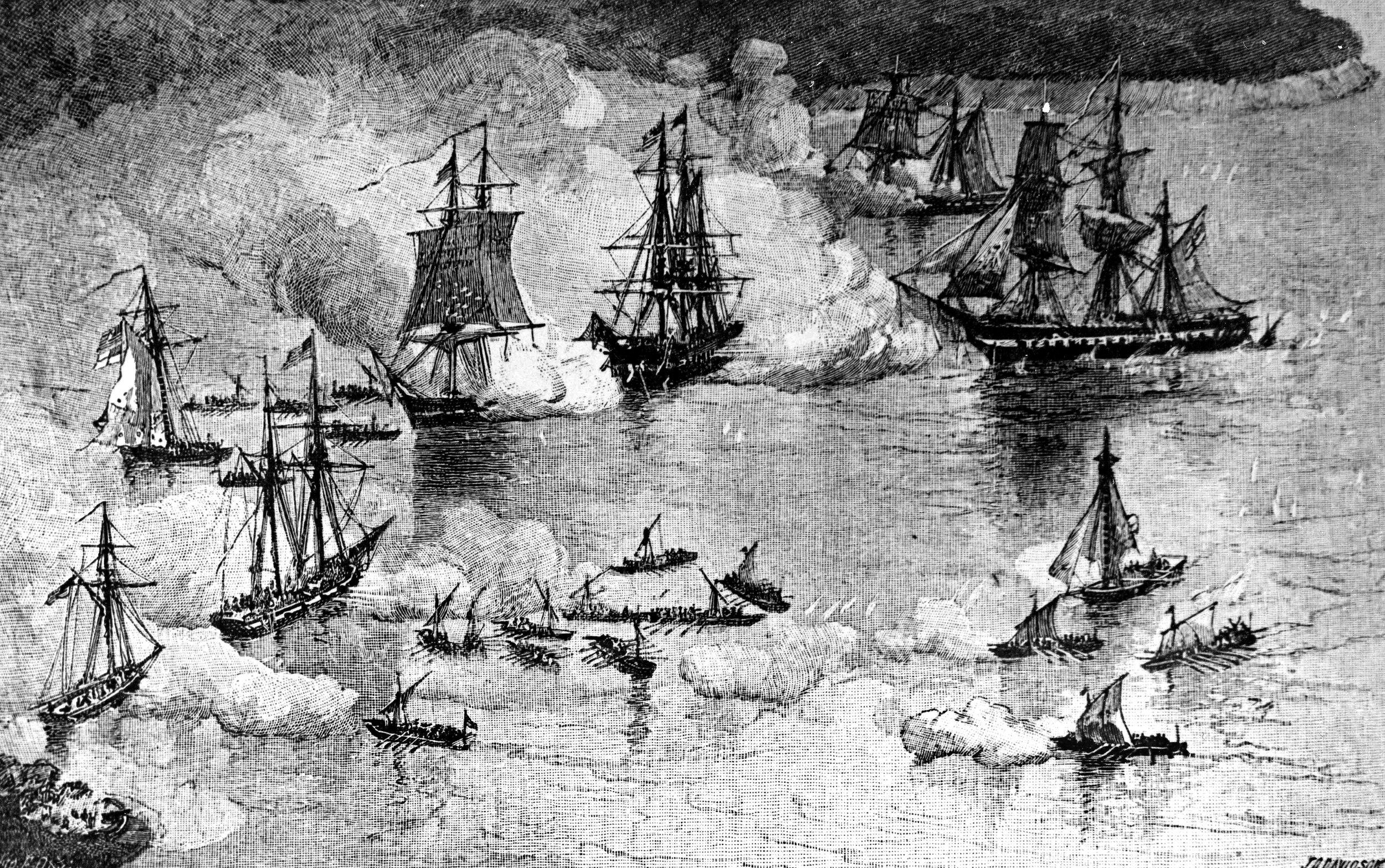 The American fleet, positioned at left, engages the British squadron on Plattsburgh Bay, September 11, 1814. Cumberland Head (top right) and Crab Island (bottom left) secure the flanks of the American line. Engraving by J.F. Davis after an illustration by J.O. Davidson.