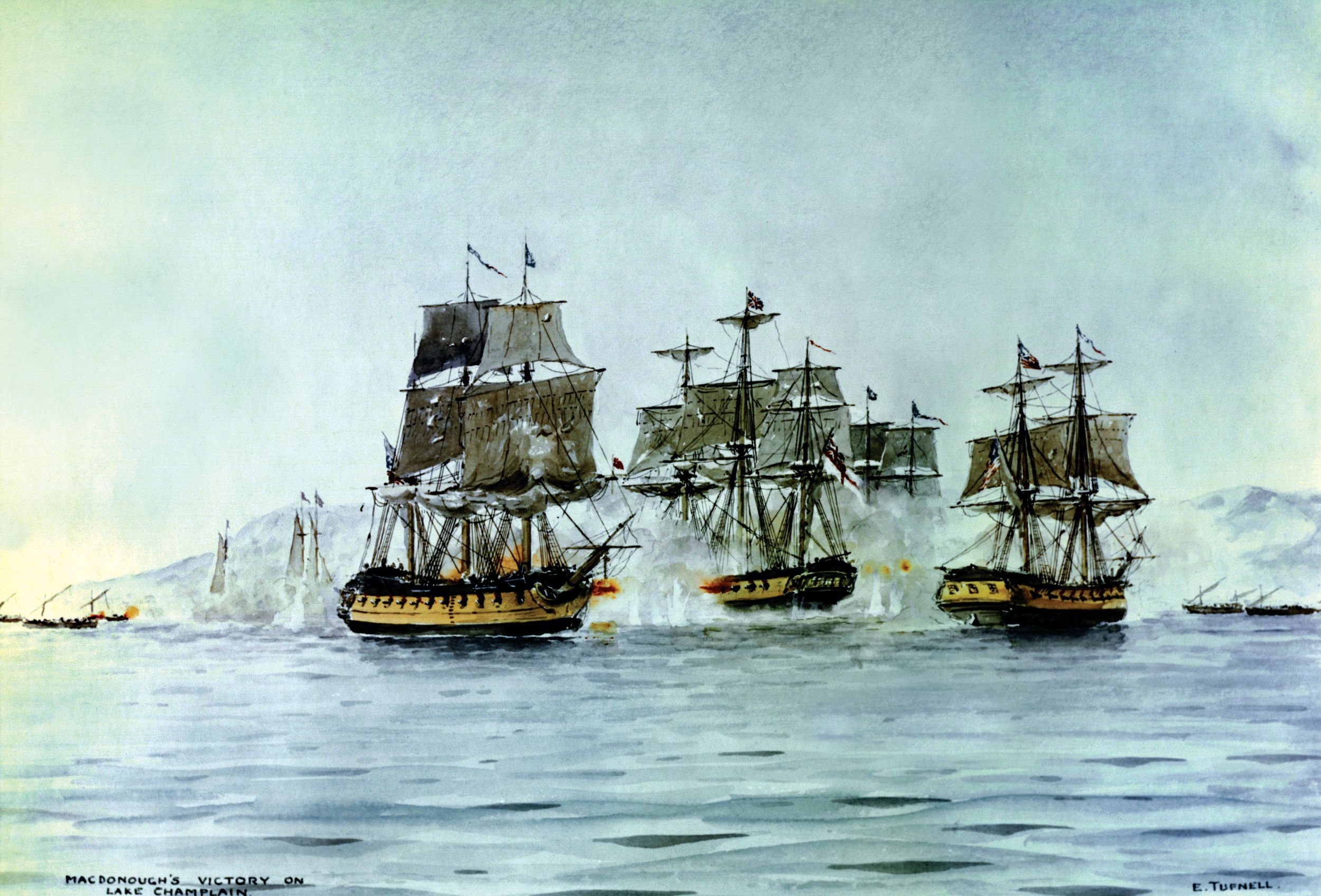 This watercolor by Commander Eric Erskine Campbell Tufnell depicts the naval battle on Lake Champlain on September 11, 1814. The U.S. sloop Saratoga (left center) and U.S. brig Eagle (right) engage the British flagship Confiance (center) off Plattsburgh, New York. Knowing his fleet was outgunned, Master Commandant Thomas Macdonough used anchor and spring lines to rotate his ships during the battle, bringing unused guns to bear and forcing the British to surrender.