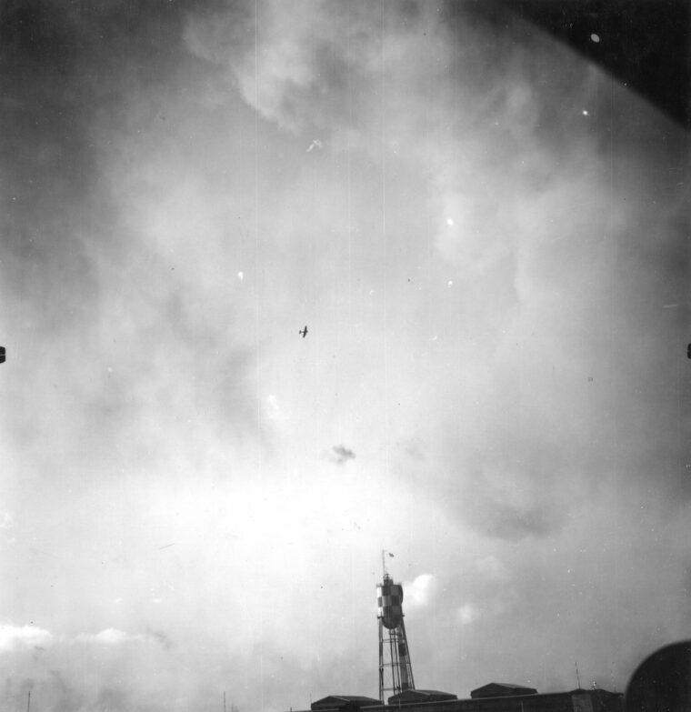 A Japanese aircraft soars high above one of the naval air stations located on Oahu.