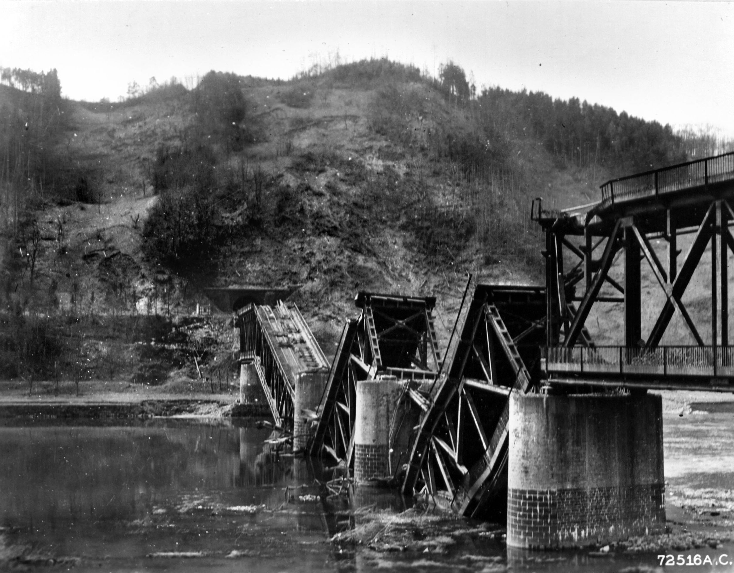 In a textbook example of wartime “bridge-busting,” a flight of four XIX TAC P-47 Thunderbolts destroyed a section of this bridge across the Moselle River. These missions severed German supply lines and forced retreating columns into vulnerable bottleneck traps.