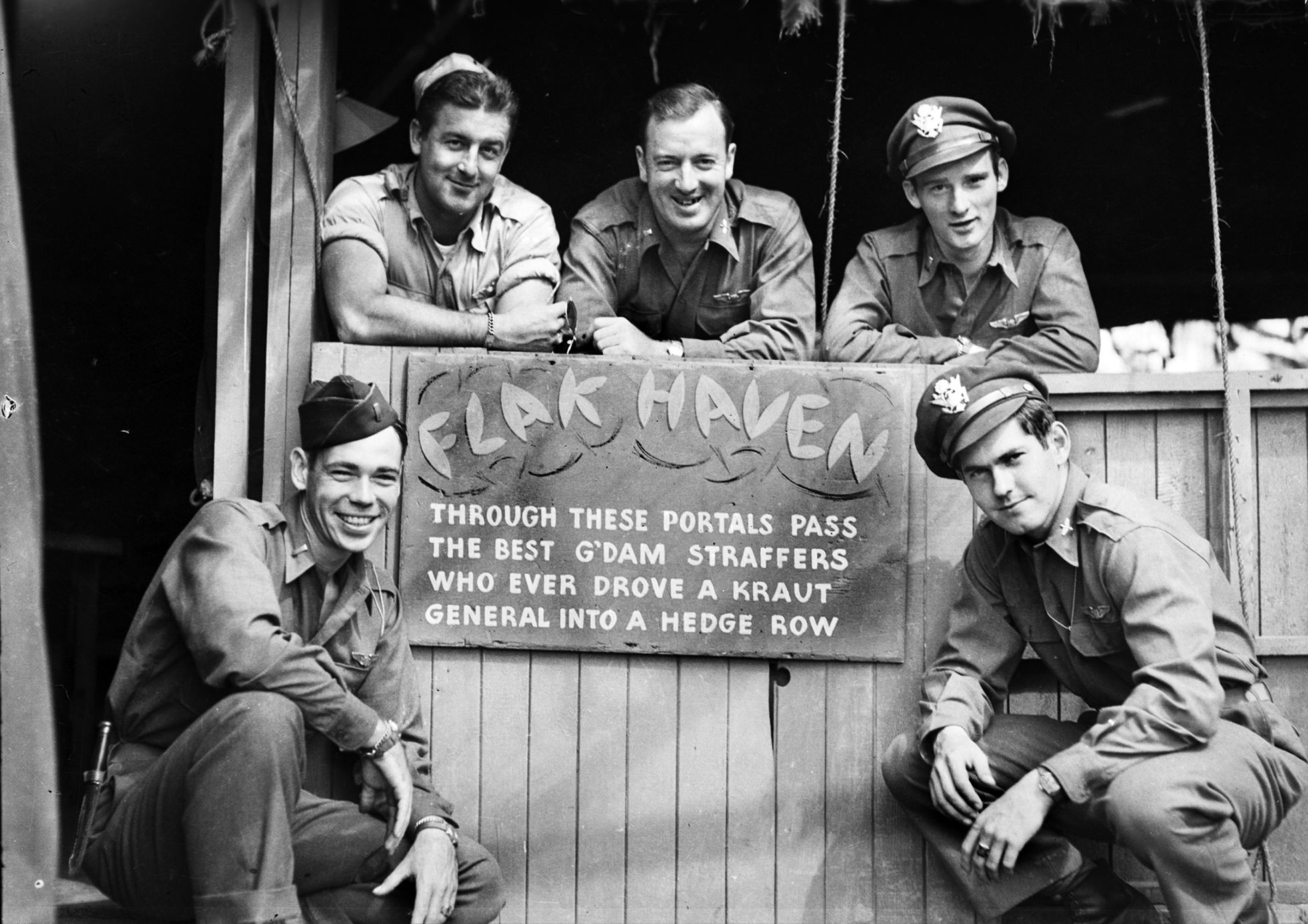 Established by the men of the 405th Fighter Group, including the 510th Fighter Squadron, at their forward airfield in Picauville, France, the “Flak Haven” bar provided a place to unwind and swap stories after flying missions at the Normandy front in the summer of 1944.