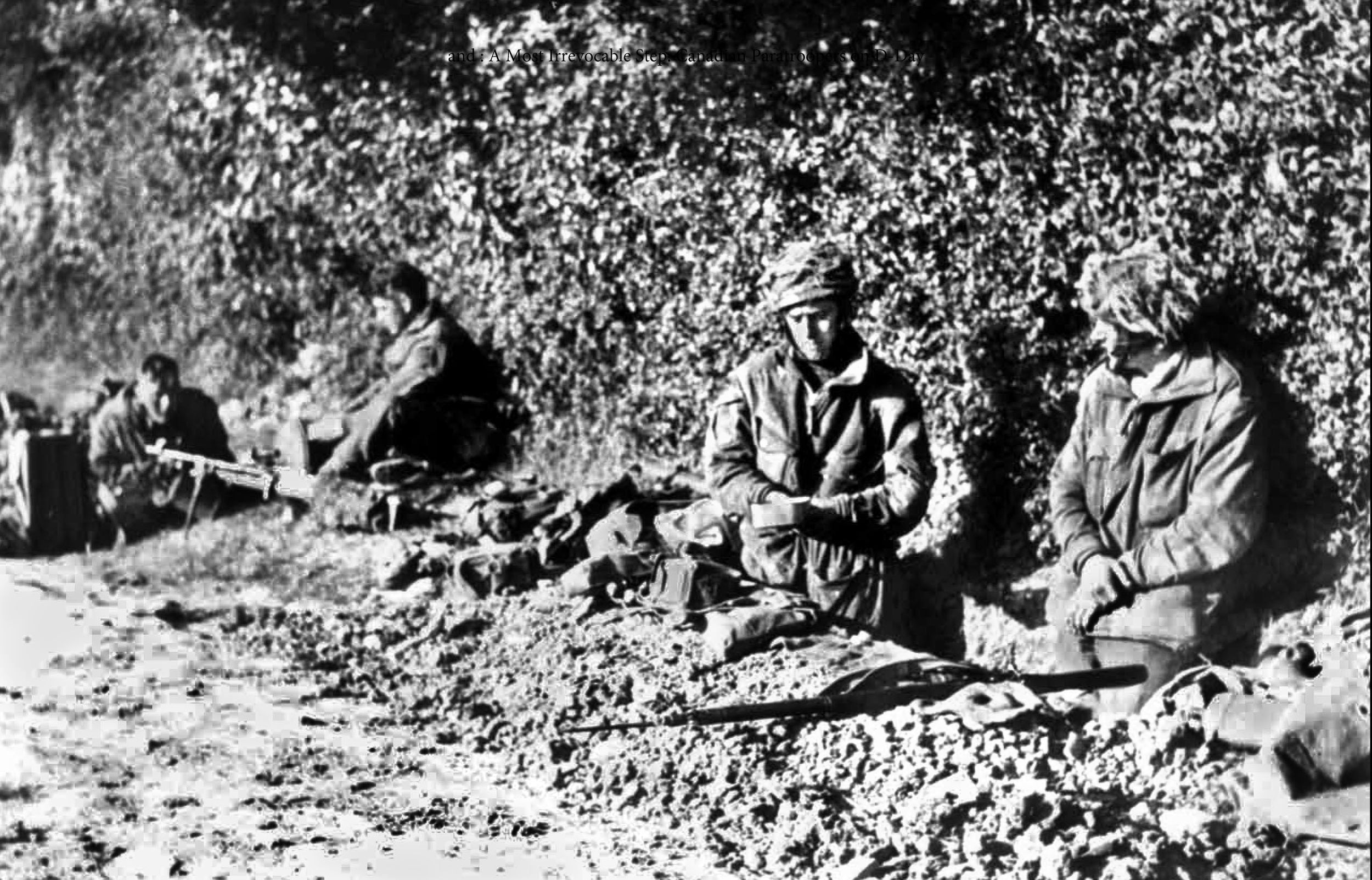 Canadian paratroopers dig in along a hedgerow-lined road in Normandy on D+2, June 8, 1944. Following their chaotic drops on D-Day, the 1st Canadian Parachute Battalion took up vital defensive positions along the strategic Le Mesnil ridge, enduring heavy mortar fire and probing German attacks along the eastern edge of the invasion bridgehead.