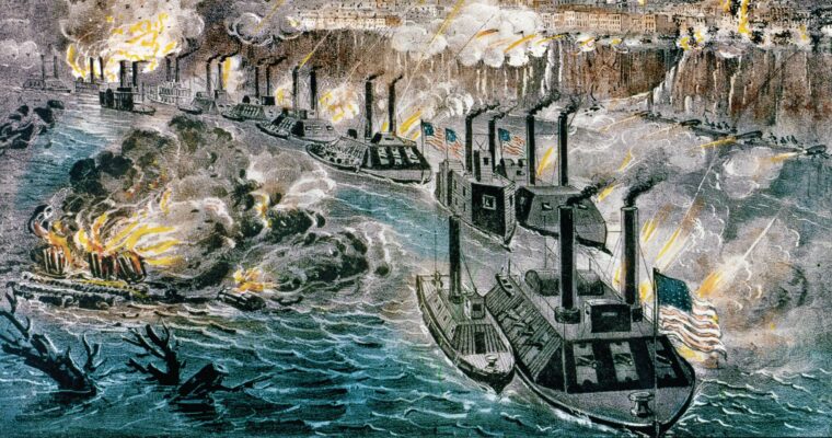 This Currier & Ives lithograph depicts U.S. Navy Rear Admiral David D. Porter’s gunboat fleet on the Mississippi River, running the Rebel batteries at Vicksburg on April 16, 1863.