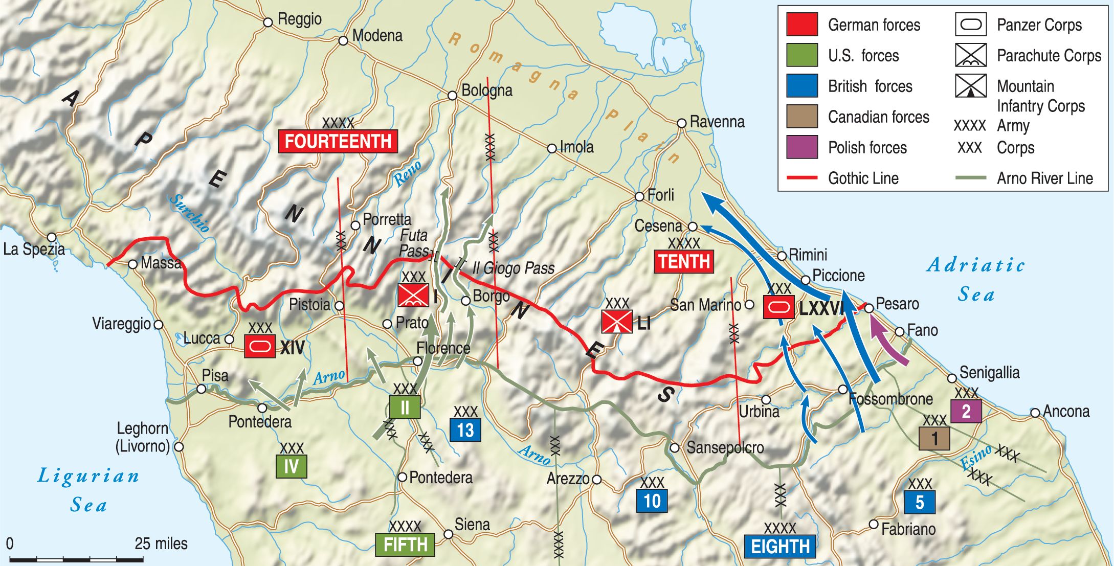 Allied armies, advancing from the south, were prevented from breaking into the Po River Valley by a strong line of German defensive positions in the northern Apennines during the fall and winter of 1944-1945.