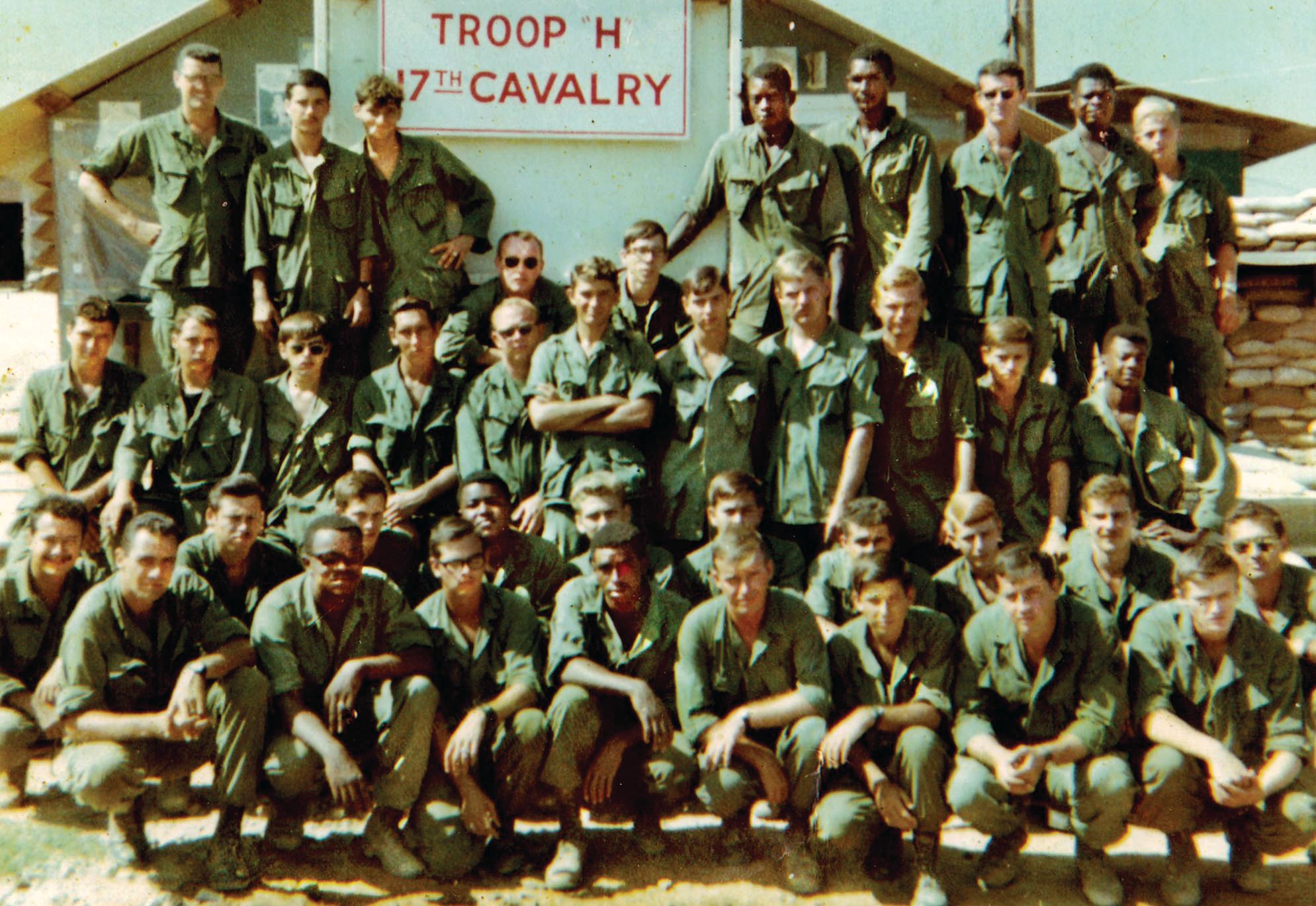 Soldiers of 2nd Platoon, H Troop, 17th Cavalry at Landing Zone Bayonet, November 1968. Spc. 4th Class Kenneth “Mim” Crowell is in the second row, far right (wearing sunglasses); Spc. 4th Class Billie Davis is in the same row, third to Crowell’s right