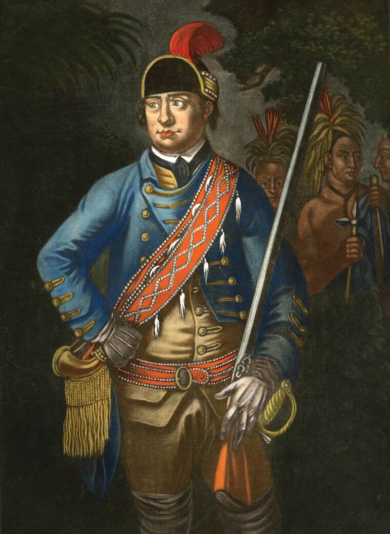 Major Robert Rogers, depicted here in a 1776 portrait by Johann Martin Will, commanded Rogers’ Rangers, an elite corps of light infantry during the French and Indian War. Recruited largely from New England woodsmen, his irregulars adapted Native American tactics to combat French forces and their Indigenous allies along the northern frontier. His famous “Standing Orders for Rangers”—a guide to scouting, camouflage, and wilderness survival—established a tactical tradition that serves as the foundation for modern U.S. Army Rangers.