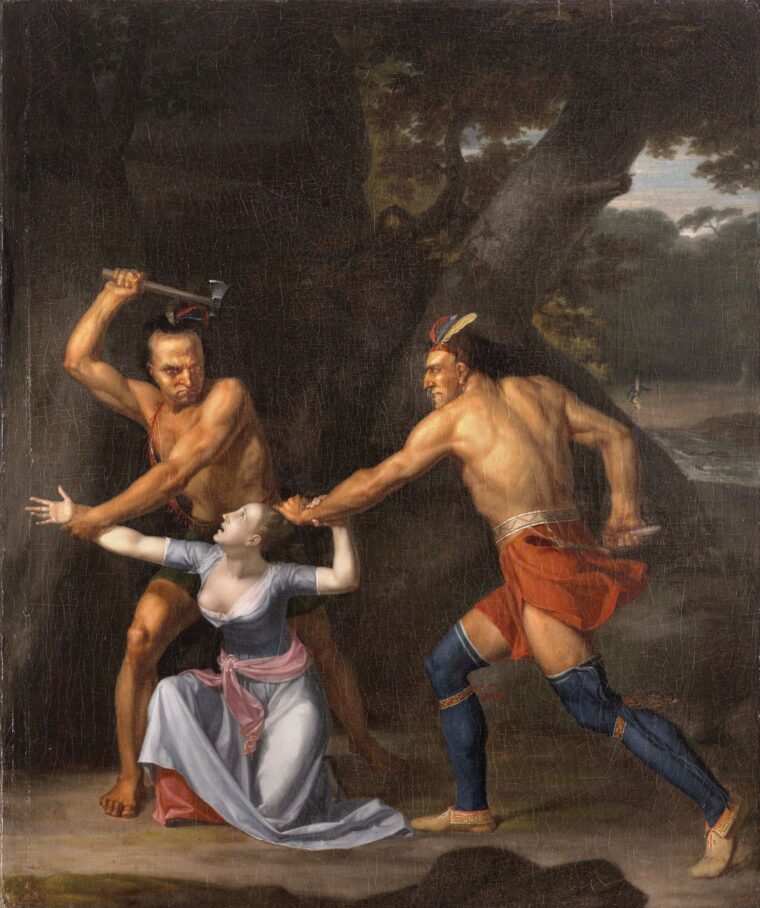 John Vanderlyn’s 1804 painting depicts the July 1777 killing of 24-year-old Jane McCrea by Native American allies of British Gen. John Burgoyne in upstate New York. Though McCrea was engaged to a Loyalist officer serving in Burgoyne’s advancing army, her violent death was quickly weaponized as a Patriot rallying cry—galvanizing local militia mobilization that ultimately contributed to Burgoyne’s defeat at Saratoga.