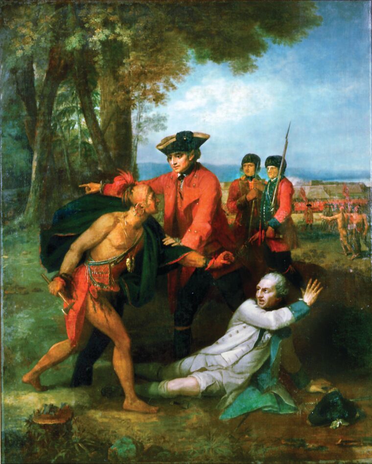 Benjamin West’s famous painting depicts British officer William Johnson shielding French commander Jean-Armand, Baron de Dieskau, from a Mohawk warrior following the Battle of Lake George on September 8, 1755. Dieskau, leading a mixed force of French regulars, Canadians, and Indigenous allies, was wounded and captured during an assault on Johnson’s entrenched colonial camp.