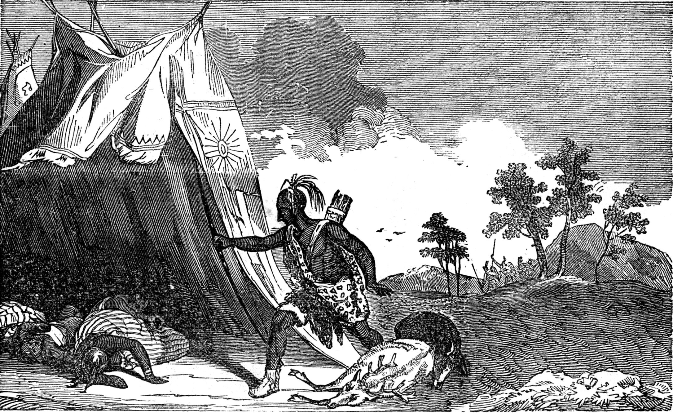 An 1873 wood engraving depicts Mingo leader Tachnechdorus—known as Chief Logan—discovering that his mother, brother, and pregnant sister were among as many as a dozen Native Americans lured into a tavern and murdered by Daniel Greathouse and a group of settlers at Yellow Creek along the Ohio River on April 30, 1774. Previously an advocate for peace between settlers and Native Americans, Logan responded to the unprovoked massacre of his relatives by leading a series of deadly retaliatory raids along the Virginia frontier, helping trigger Lord Dunmore’s War (May–October 1774).