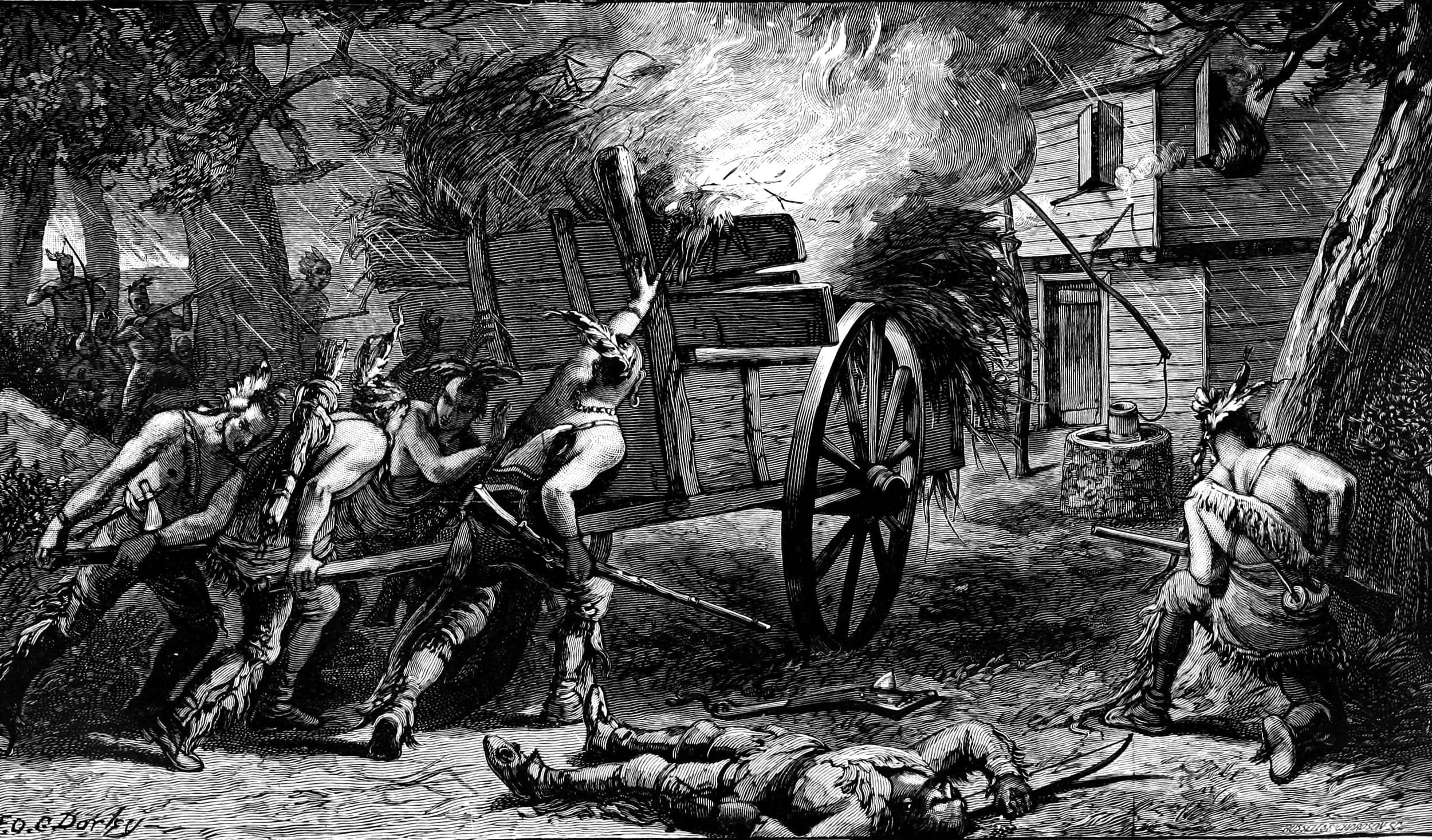 F.O.C. Darley’s 19th-century engraving depicts the September 18, 1675, ambush of a colonial supply train at Bloody Brook during King Philip’s War. A force of Pocumtuck, Nipmuc, and Wampanoag warriors overwhelmed Capt. Thomas Lathrop’s Massachusetts militia as they escorted the convoy near South Deerfield, resulting in one of the costliest defeats suffered by New England settlers during the war.