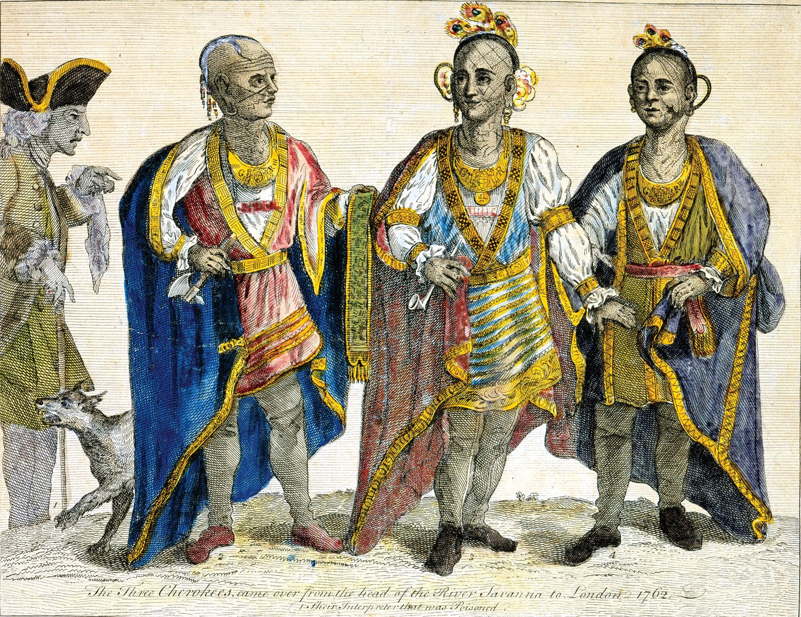 The 1762 engraving The Three Cherokees Came Over from the Head of the River Savanna to London by George Bickham the Younger depicts Cherokee leaders Ostenaco, Cunne Shote, and Woyi during their diplomatic mission to England following the Anglo-Cherokee War. Seeking a direct audience with King George III to solidify peace terms and trade alliances, the chiefs became the toast of London—though their direct negotiations with the Crown alarmed white South Carolinians, who feared imperial oversight would restrict colonial authority and frontier land expansion.