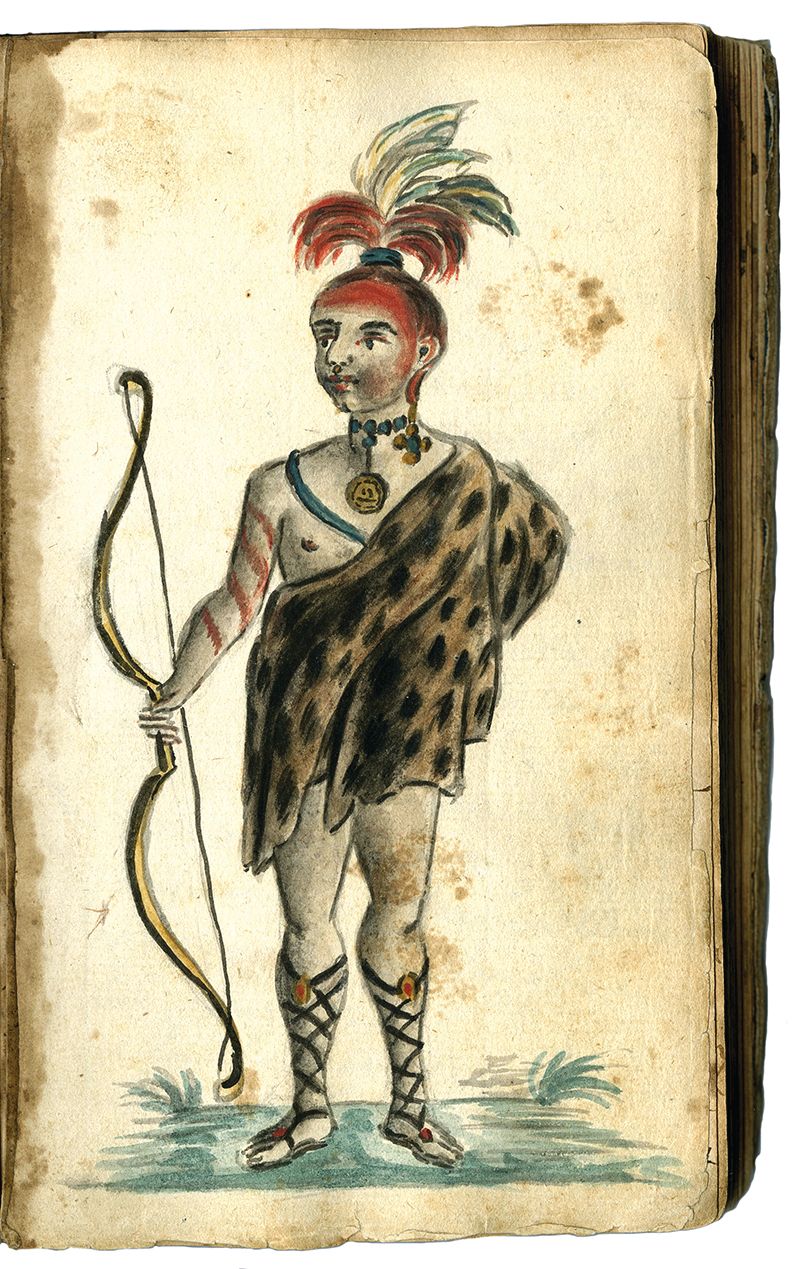 A watercolor sketch by Sublieutenant Jean-Baptiste-Antoine de Verger, a French officer in Rochambeau’s expeditionary force, depicts an Indigenous allied warrior during the Revolutionary War’s Yorktown campaign (1780–1781). Verger’s journal provides a crucial eyewitness record of Native American scouts serving alongside Continental and French troops.