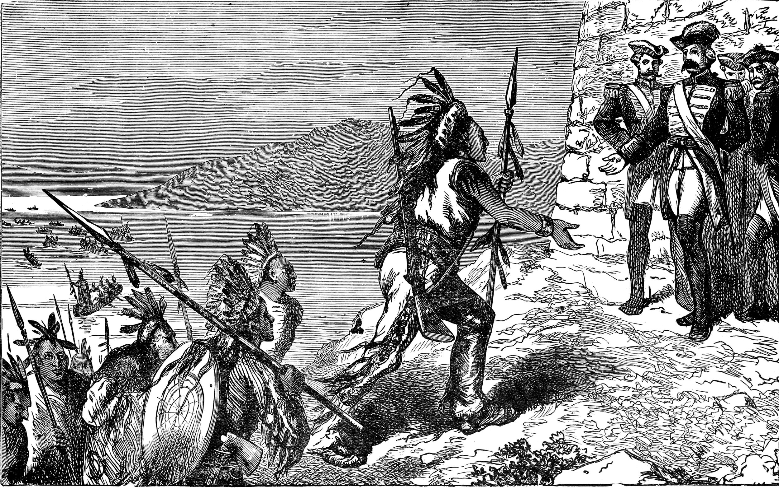 Henry Davenport Northrop’s 1901 engraving depicts Indigenous allies arriving at French General Louis-Joseph de Montcalm’s camp prior to the August 1757 Siege of Fort William Henry. Following a six-day siege, Montcalm granted Lt. Col. George Monro’s British garrison safe passage to Fort Edward. Denied traditional plunder by the generous terms, French-allied warriors attacked the disarmed, retreating column—an infamous ambush later immortalized in James Fenimore Cooper’s novel The Last of the Mohicans.