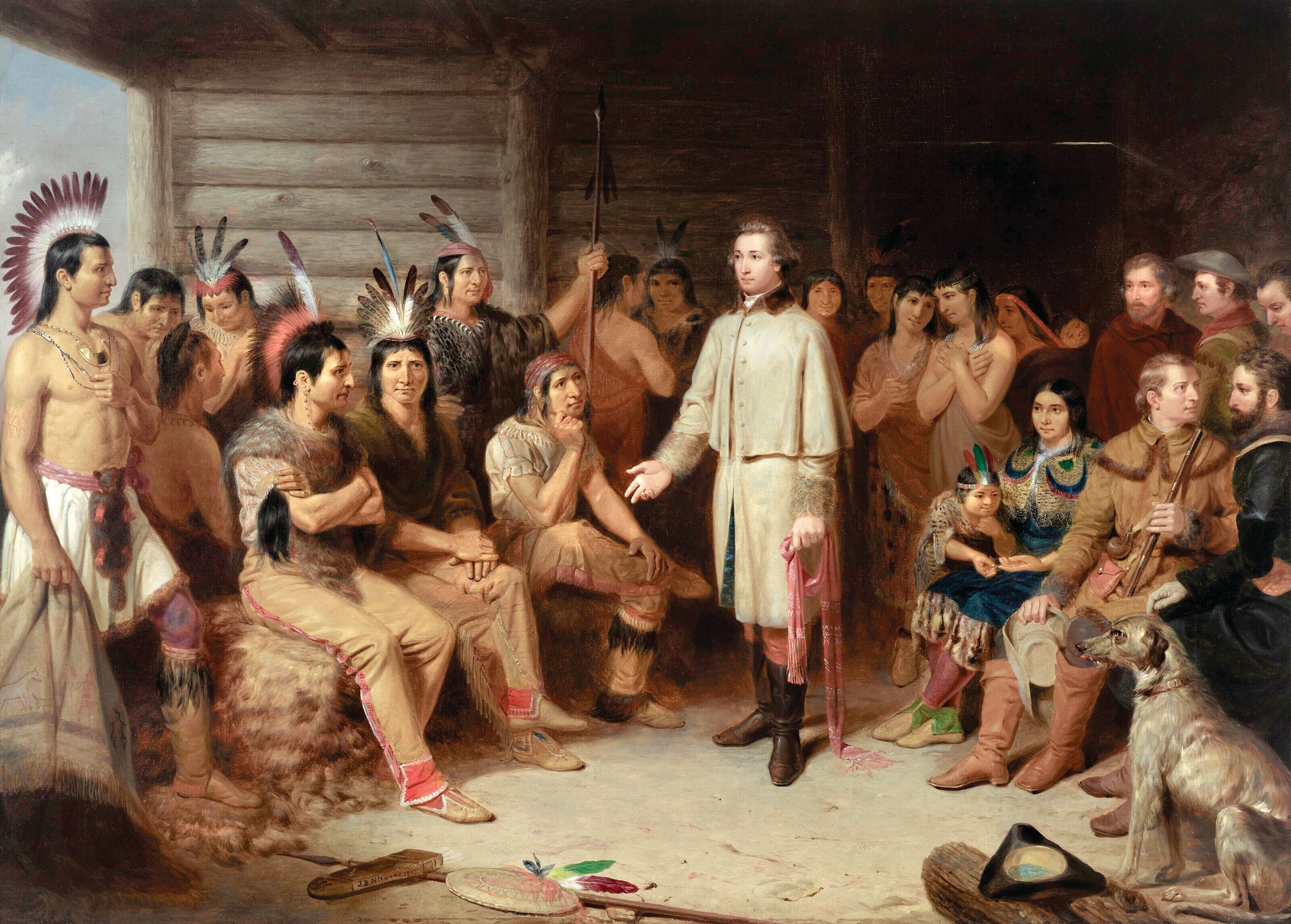 Julius Brutus Stearns’s 1847 painting, Washington in the Indian Council, depicts 21-year-old Maj. George Washington meeting with Shingas, Scarouady, Tanacharison, and other Native American leaders at Logstown in November 1753. Sent by Virginia Governor Robert Dinwiddie to warn French forces out of the Ohio Country, Washington relied on frontiersman and surveyor Christopher Gist (seated at far right in a fringed hunting shirt) to help secure alliances with local leaders, including the Seneca chief Tanacharison (the “Half King”), before confronting the French garrison at Fort Le Boeuf.