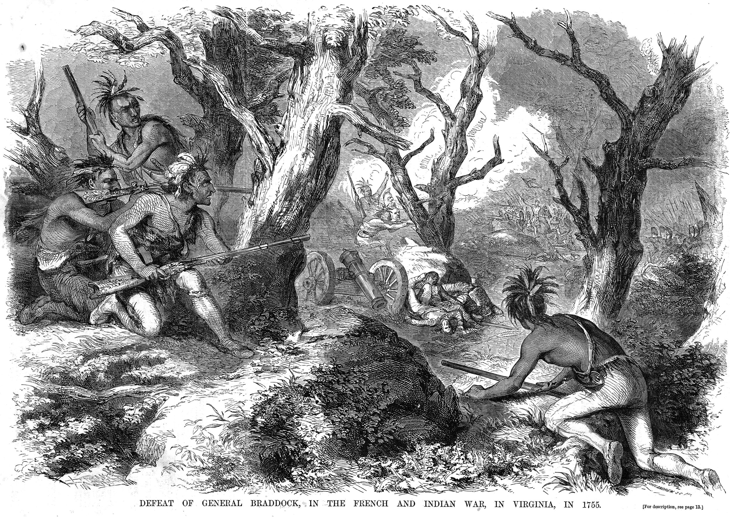 This 1855 engraving by John Andrew depicts the mortally wounded Maj. Gen. Edward Braddock at the Battle of the Monongahela on July 9, 1755. While advancing to capture French-held Fort Duquesne, Braddock’s British column of 1,300 regular and provincial soldiers was ambushed in dense forest by a combined force of French regulars, Canadian militiamen, and Indigenous allies. The catastrophic defeat cost Braddock his life and forced his young aide-de-camp, volunteer George Washington, to rally the panicked survivors during a retreat back toward Virginia.