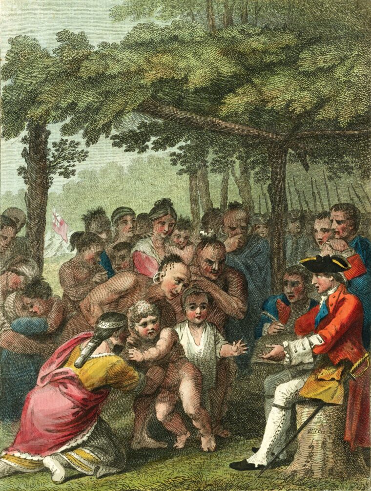 This 1766 engraving from a Benjamin West painting shows Indigenous leaders surrendering English captives to British Col. Henry Bouquet along the Muskingum River in November 1764. Marching deep into the Ohio Country during Pontiac’s Rebellion, Bouquet forced Shawnee, Delaware, and Mingo leaders to release more than 200 captives in exchange for promises to spare Native villages from destruction.