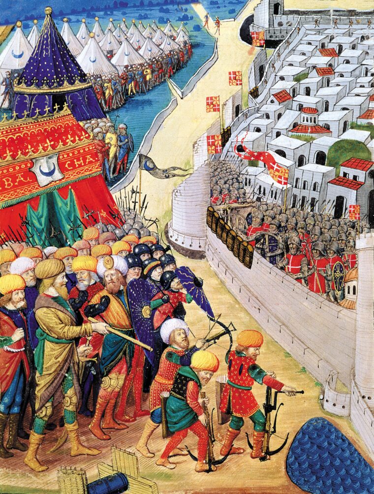 Led by Mesih Pasha under Sultan Mehmed II, Ottoman forces prepare for battle in this illustration from A History of the Siege of Rhodes (1483), by Guillaume Caoursin, the Vice-Chancellor of the Order of St. John, who was on Rhodes during the siege of 1480.