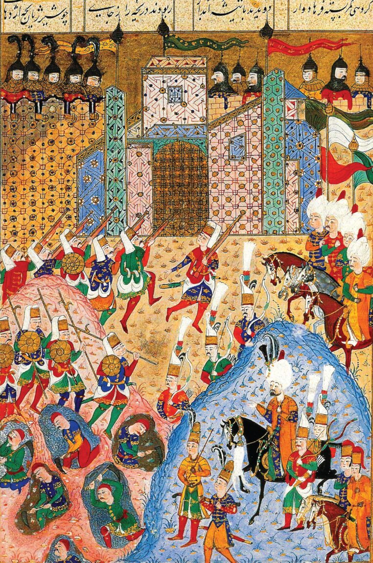 Sultan Suleiman the Magnificent supervises from his horse (lower right) as Ottoman miners dig tunnels (lower left) to place gunpowder mines to undermine the fortified walls of the Knights Hospitaller in the city of Rhodes during the siege of 1522.