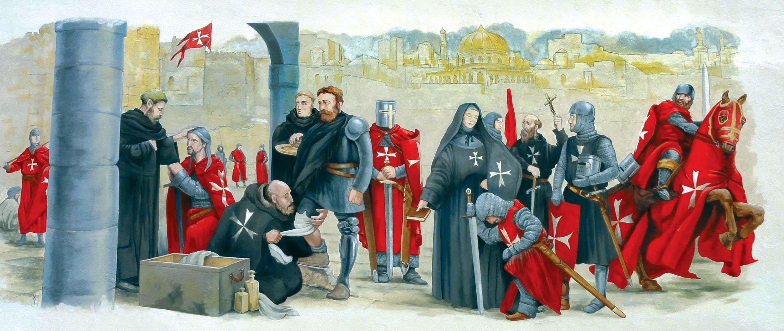 The Order of the Knights of the Hospital of Saint John of Jerusalem were founded to feed the poor and treat the sick in the Holy Land. Following the First Crusade and the capture of Jerusalem in 1099, the knights began transitioning into soldiers of Christ in addition to feeding and healing the poor. With the 1291 fall of the last Christian stronghold in the eastern Mediterranean, Acre (in modern Israel), the knights renewed their war on Islam on the sea. In 1309, the knights took possession of the island of Rhodes, only 10 miles off the coast of Asia Minor and well-placed to attack Muslim ships.