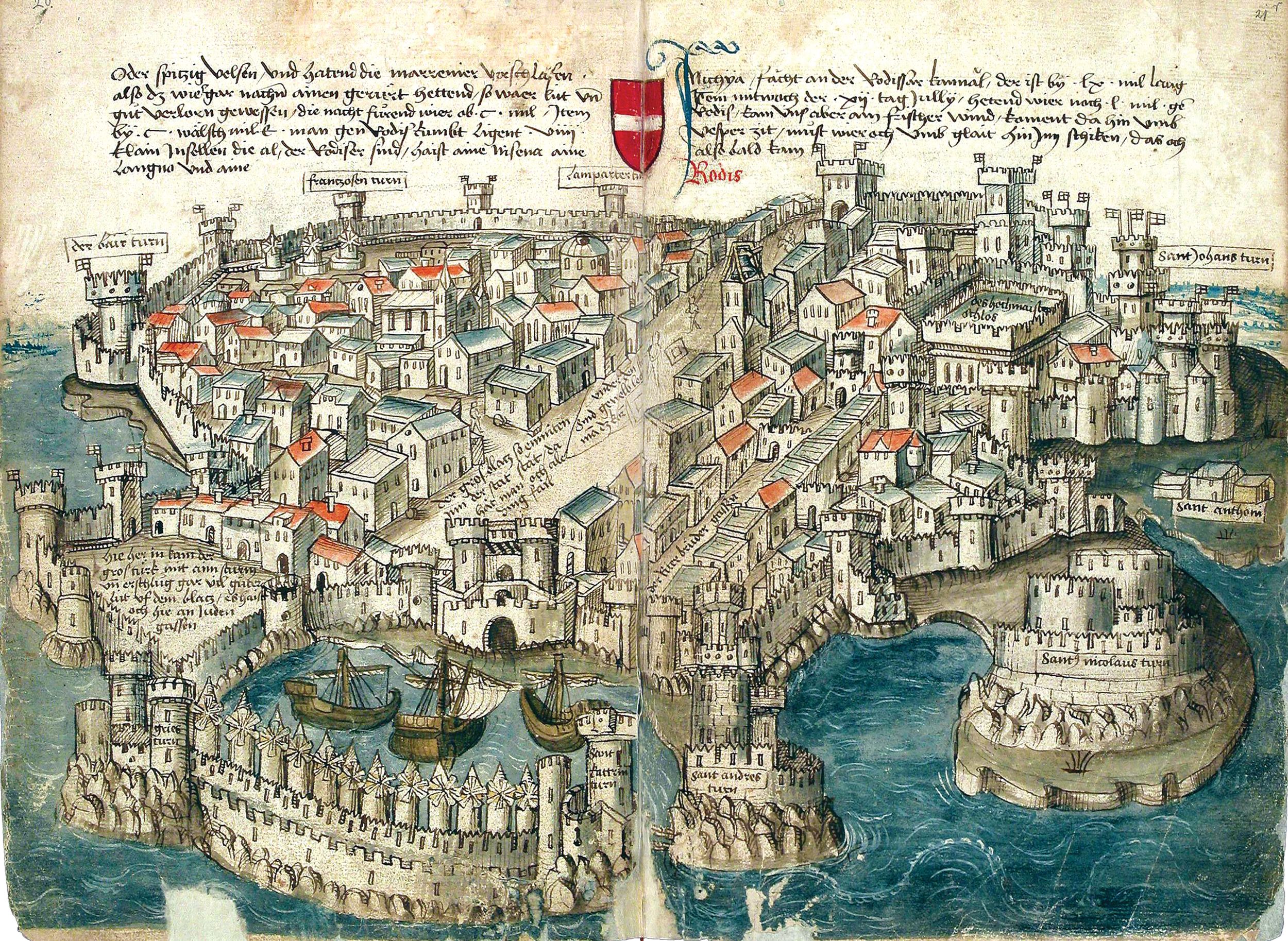 Drawing of the city of Rhodes, by Konrad von Grünenberg, a minor German nobleman who made a pilgrimage to the Holy Land from April to December of 1486. His handwritten Beschreibung der Reise von Konstanz nach Jerusalem (Description of the Voyage from Constance to Jerusalem) includes 32 color illustrations, which are noted for their accuracy.