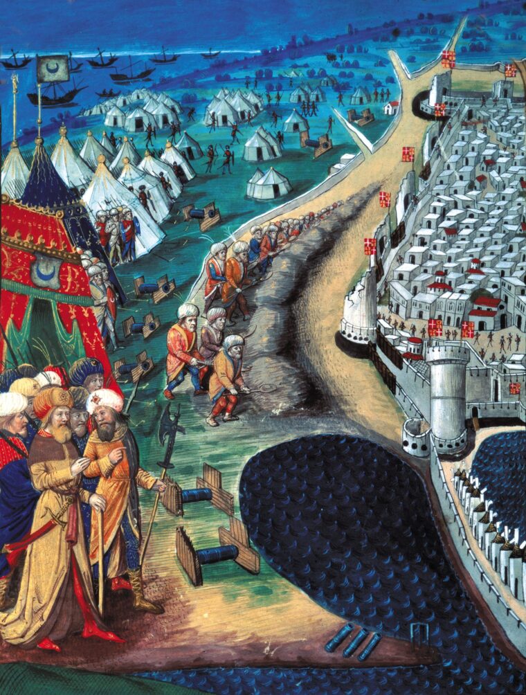 This image one of 52 included in Gestorum Rhodiae obsidionis commentarii (Commentaries on the Siege of Rhodes) is by Guillaume Caoursin (1430–1501), Vice-Chancellor of the Order of St. John. Mesih Pasha, a Byzantine renegade and relative of the Paleologue dynasty who served as Mehmed II’s commander, is shown directing the failed siege of the Knights Hospitaller stronghold on Rhodes in 1480.