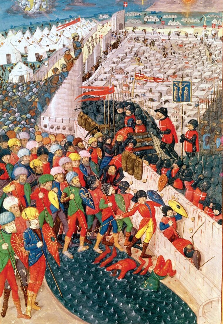 This illustration from A History of the Siege of Rhodes (1483) by Guillaume Caoursin, shows Ottoman Janissaries, the elite infantry and personal bodyguard of Sultan Mehmed the Conqueror, assaulting the south wall of the fortified city of Rhodes, home of the Knights Hospitaller. Despite taking damage from bombards (cannon and mortars) firing large stone balls, the wall held and the Ottomans were driven back. Some 300 Janissaries would be killed in the unsuccessful siege of 1480.