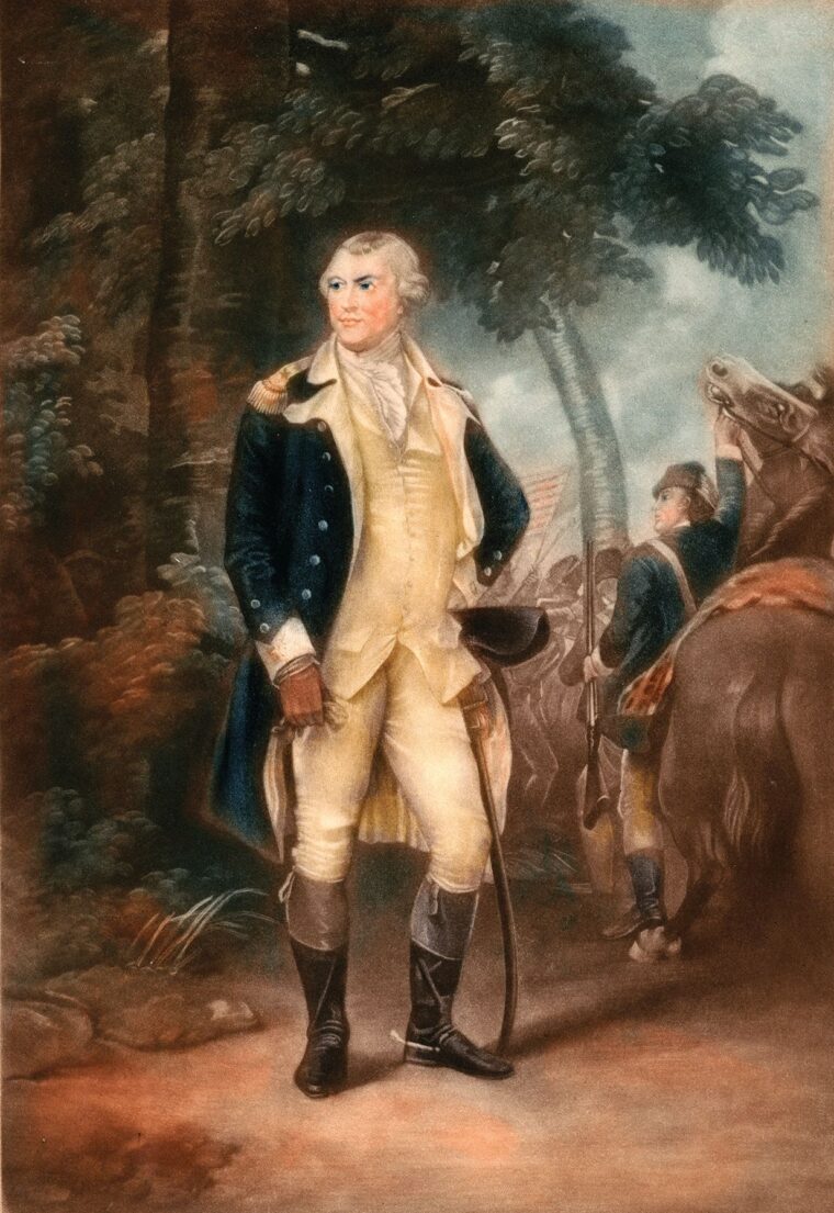 Portrait of Major General Nathanael Greene by Charles Willson Peale (1741-1827). TOP: In this illustration by H. Charles McBarron, Nathanael Greene’s seasoned Continentals from Virginia, Maryland, and Delaware clash in hand-to-hand combat with Cornwallis’s Redcoats and Loyalists at the Battle of Guilford Courthouse (March 15, 1781).