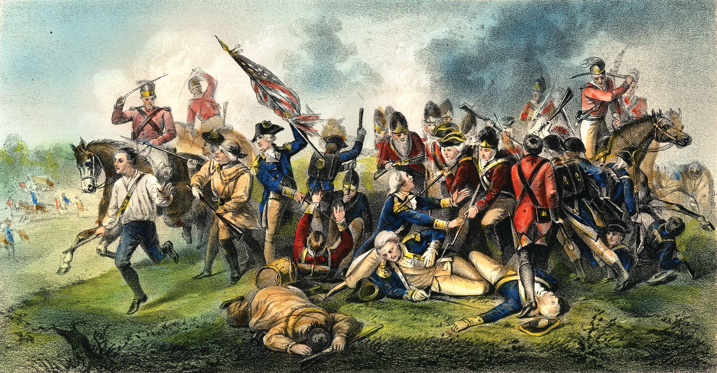 Battle of Camden by Alonzo Chappel (1828–1887) depicts the disastrous American defeat on August 16, 1780. During the rout of General Horatio Gates’ army, German volunteer General Baron de Kalb—who had arrived in America with Lafayette in July 1777—was mortally wounded while leading a heroic rear-guard stand.