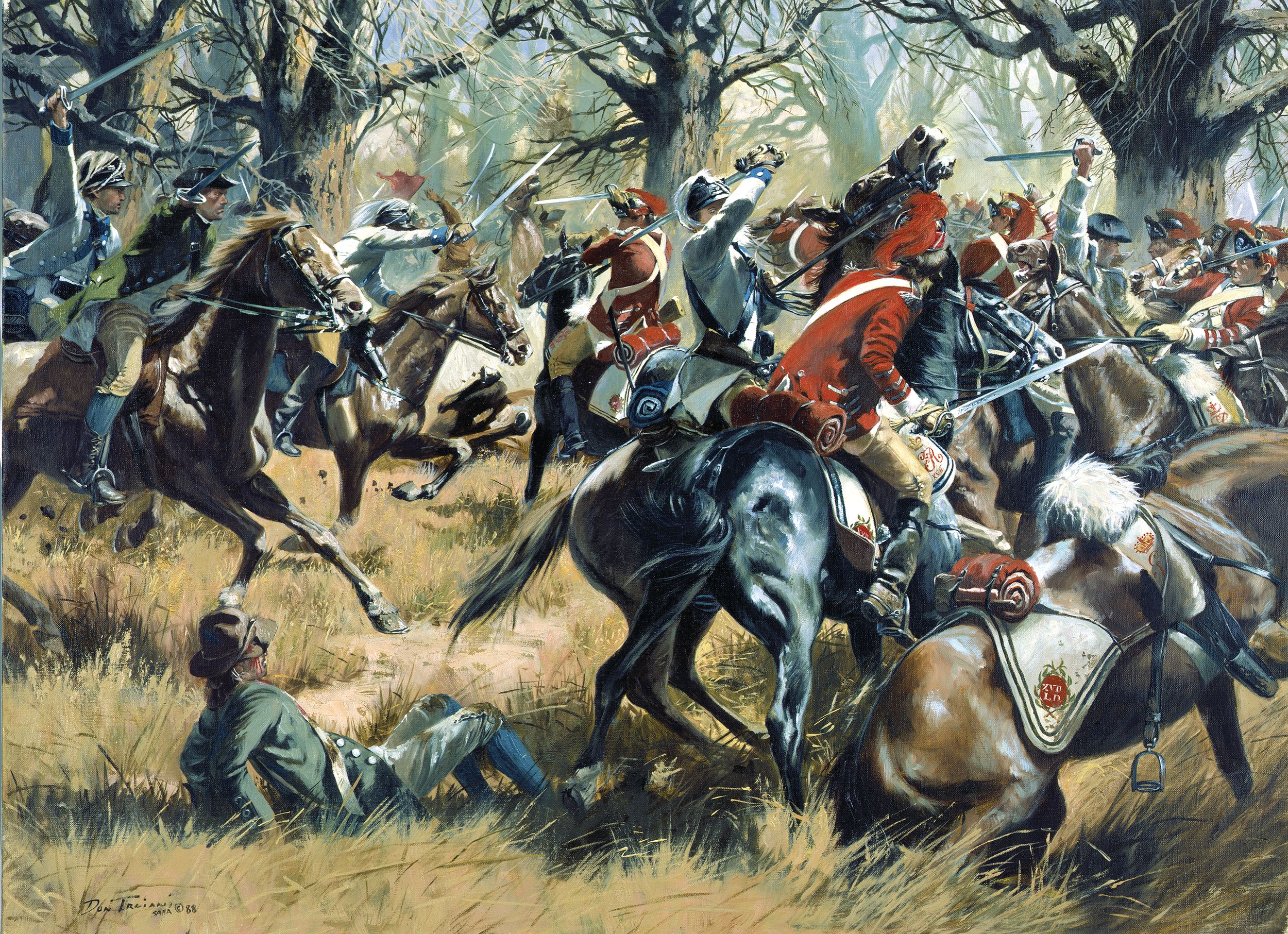 In The Battle of Cowpens by military artist Don Troiani, Brigadier General Daniel Morgan’s force turns to face the British in the South Carolina backcountry on January 17, 1781. Dispatched west by Maj. Gen. Nathanael Greene to divide Lord Cornwallis’s army, Morgan was pursued by Lt. Col. Banastre Tarleton’s combined force of British dragoons and infantry. At Cowpens, Morgan’s militia and Continentals made a stand and routed the British with the aid of a decisive charge by Lt. Col. William Washington’s Continental dragoons.