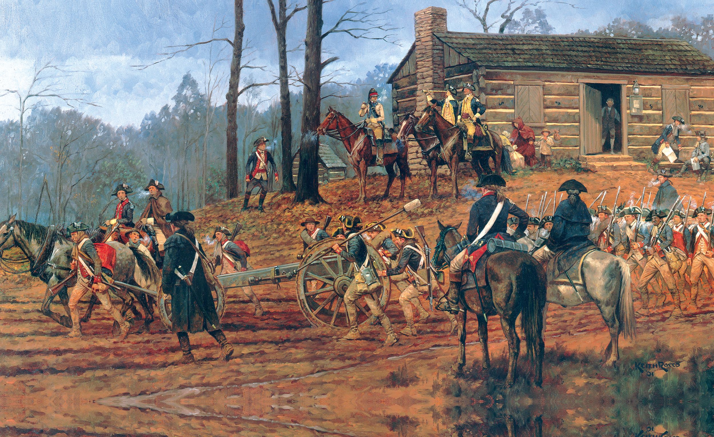 In this painting by modern military artist Keith Rocco, Continental troops march past Guilford Courthouse to form the third line of Maj. General Nathanael Greene’s defense (March 15, 1781). Greene deployed his army in three lines, adopting the defense-in-depth strategy used with such success by Brig. Gen. Daniel Morgan at Cowpens two months earlier.