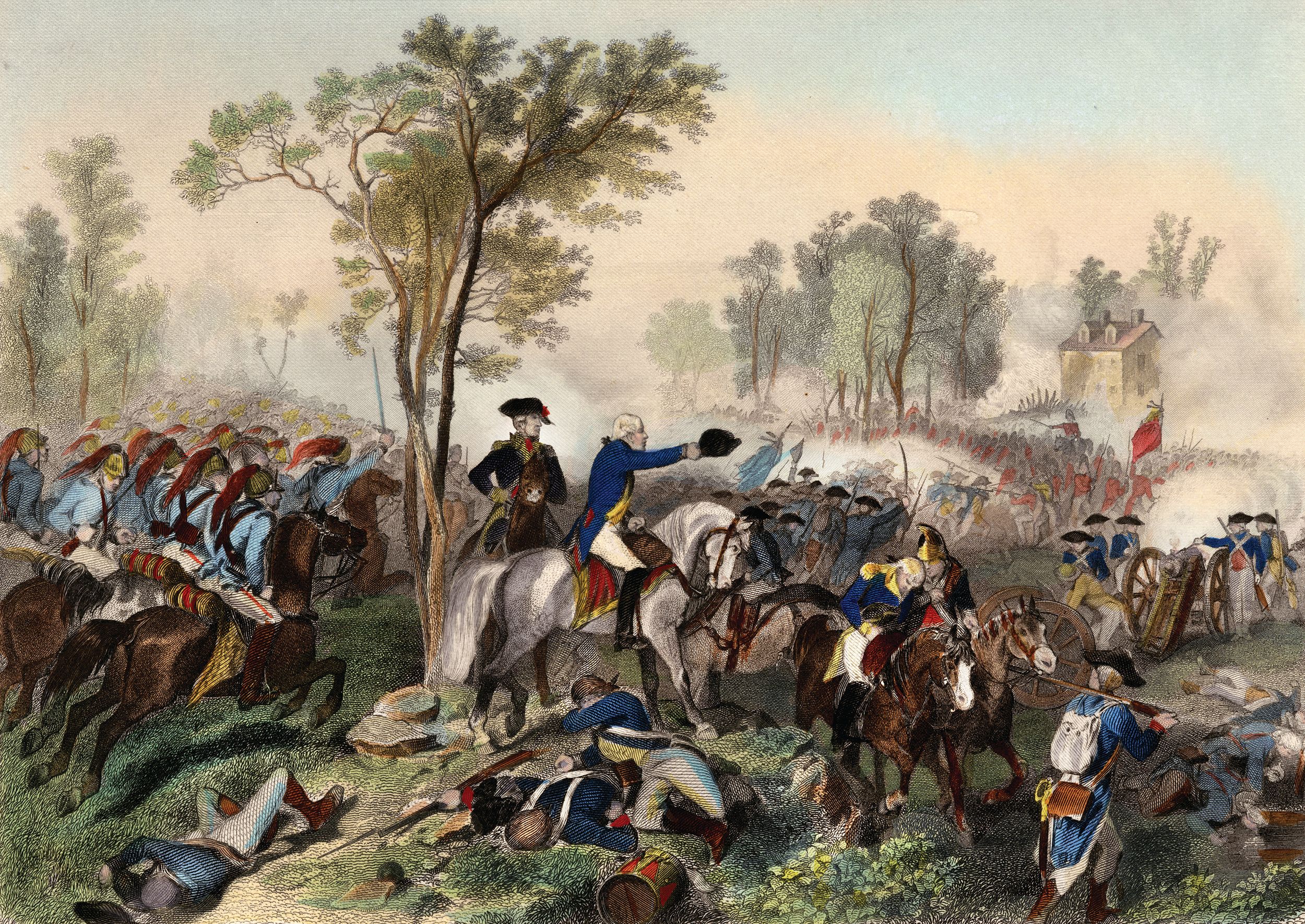 In this 1859 print based on a work by 19th-century American illustrator Alonzo Chappel (1828–1887), Maj. Gen. Nathanael Greene rallies American forces against British and Loyalist troops at the Battle of Eutaw Springs on September 8, 1781. Providing vital fire support during the furious advance, Lt. William Gaines’s Continental artillery blasts away at enemy positions along the River Road. The bloodiest clash of Greene's campaign, the battle inflicted severe losses on the British, forcing their retreat to Charleston and sealing Continental control over the South Carolina backcountry.