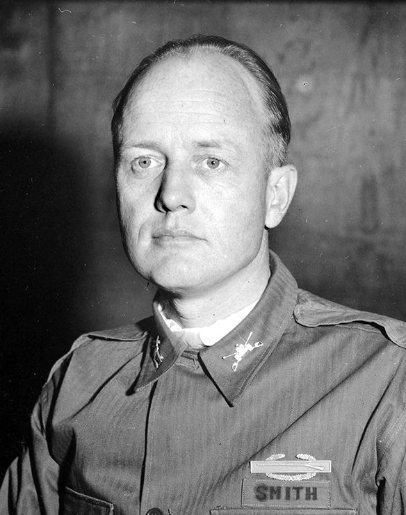 Lt. Col. Ridgway P. Smith, pictured as a colonel in 1953. As commander of the 67th Armored Infantry Battalion, Smith was in the first boat across the Inn River into Braunau am Inn in May 1945, where townspeople met him with flower bouquets and pats on the back.
