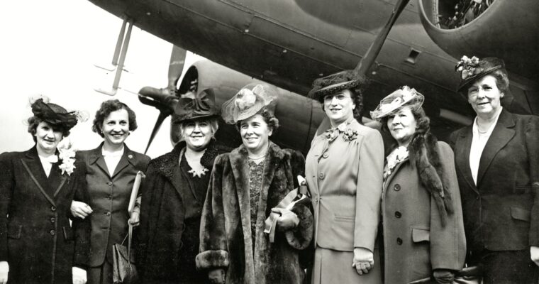 Board members of the Women’s International Bowling Congress (WIBC) pose in front of the custom-equipped Douglas C-47 air ambulance Miss Nightingale before its departure from LaGuardia Field in April 1944 to begin overseas medical evacuation service. Purchased through grassroots member donations, the aircraft was modified with specialized litter racks and emergency medical gear to airlift wounded soldiers from front-line zones. Its overseas impact proved so great that the WIBC funded two more: Miss Nightingale II, deployed to the China-Burma-India theater, and Miss Nightingale III, dedicated in July 1945 to 1st Lt. Aleda E. Lutz, a celebrated flight nurse and WIBC bowler killed in a 1944 medevac crash in France.