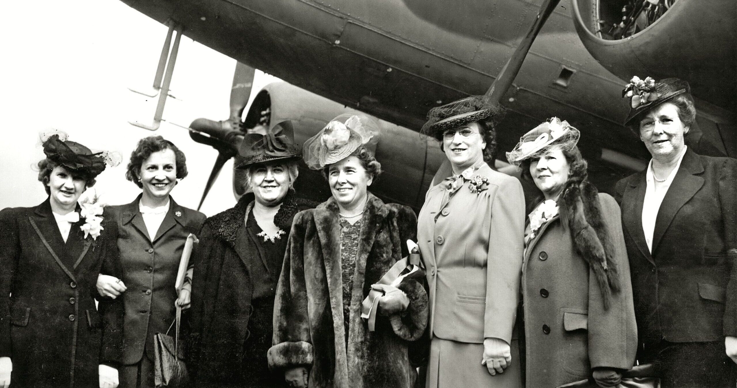 Board members of the Women’s International Bowling Congress (WIBC) pose in front of the custom-equipped Douglas C-47 air ambulance Miss Nightingale before its departure from LaGuardia Field in April 1944 to begin overseas medical evacuation service. Purchased through grassroots member donations, the aircraft was modified with specialized litter racks and emergency medical gear to airlift wounded soldiers from front-line zones. Its overseas impact proved so great that the WIBC funded two more: Miss Nightingale II, deployed to the China-Burma-India theater, and Miss Nightingale III, dedicated in July 1945 to 1st Lt. Aleda E. Lutz, a celebrated flight nurse and WIBC bowler killed in a 1944 medevac crash in France.