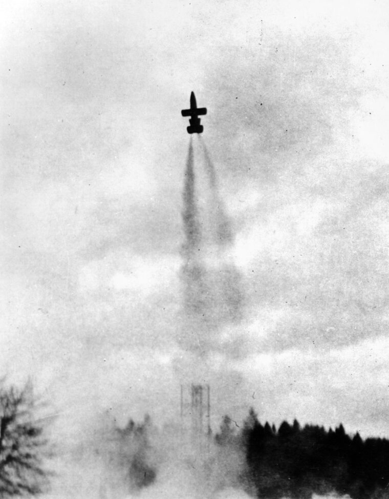 Powered by a liquid-fueled main engine and solid-fueled booster rockets, a Natter prototype launches at over 2 g to reach operational altitude in under a minute.