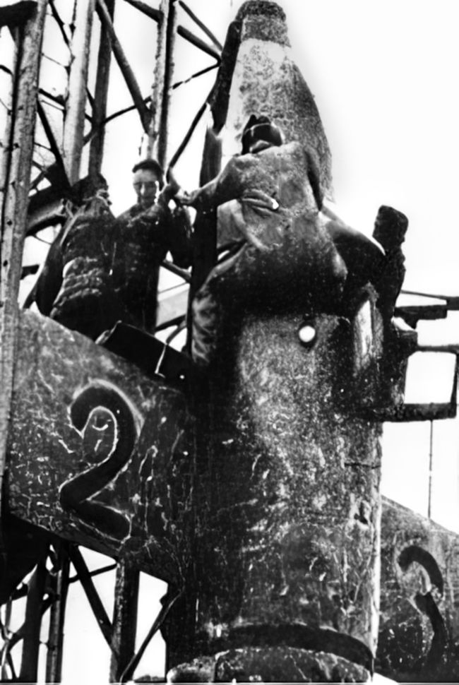 Test pilot Lothar Sieber climbs into a Natter prototype M23 on March 1, 1945. He was killed seconds later during the first—and only—manned Natter flight when the cockpit canopy flew off, causing the rocket to plummet to the ground.