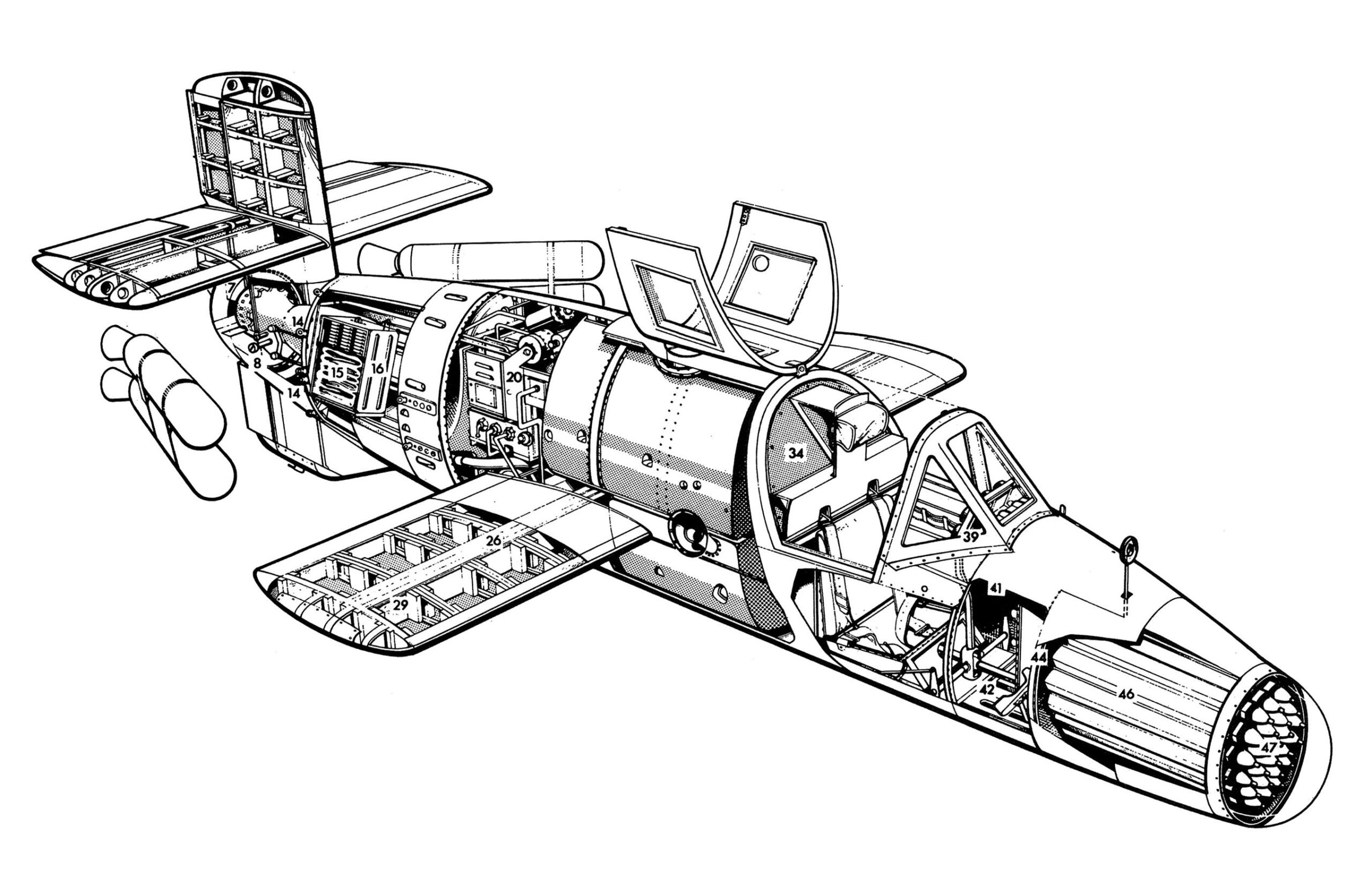 A cutaway of Erich Bachem’s piloted surface-to-air missile, the Ba 349 Natter. Launched vertically under autopilot control, the interceptor climbed automatically before the pilot took over to attack enemy bombers with a nose-mounted rocket cluster. After firing, the wooden frame was engineered to break apart, allowing both the pilot and the rocket motor to parachute to safety. The first eight of thirty-six prototypes were unpowered gliders towed aloft by a Heinkel He 111.