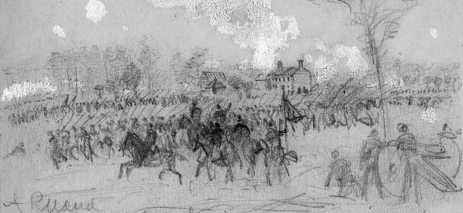 Brig. Gens. Francis Barlow’s and John Gibbon’s men charged across the open countryside between the Mechanicsville Road and the swamp, but were unable to reach the main Confederate line.