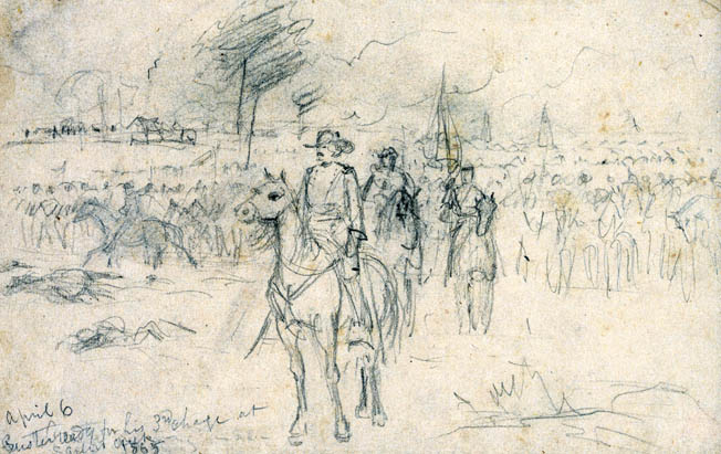 A sketch by battlefield artist A.R. Waud shows Maj. Gen. George Armstrong Custer preparing for his third charge of the day. Custer, like most of the Union commanders, felt that the war could be ended with one last push.