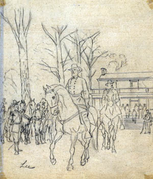 The ubiquitous Alfred Waud sketched Robert E. Lee leaving the McLean House after surrendering to Ulysses S. Grant at Appomattox. A Union officer, at left, doffs in hat in tribute as the general passes.