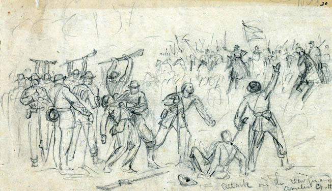 Waud sketched several of the concluding actions at Sayler’s Creek. Here, Confederates in the rear guard raise their rifles in surrender to onrushing Union cavalry at Amelia Court House.