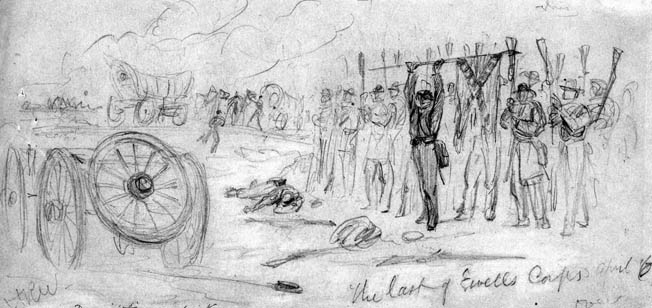 Confederate troops in Lt. Gen. Richard Ewell’s corps raise their muskets and regimental colors into the air as they surrender at Sayler’s Creek on April 6. “My God,” said a shocked Robert E. Lee. “Has the army been dissolved?”