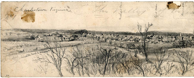 Battlefield artist Alfred Waud’s panoramic landscape of Charlestown, West Virginia, shows the camp of the 2nd Massachusetts at far left. The drawing was made in March 1862, when the 2nd Massachusetts brigaded together with the 27th Indiana and 3rd Wisconsin in Maj. Gen. Nathaniel Banks’ V Corps. The following month they were soundly defeated by Stonewall Jackson at Winchester.