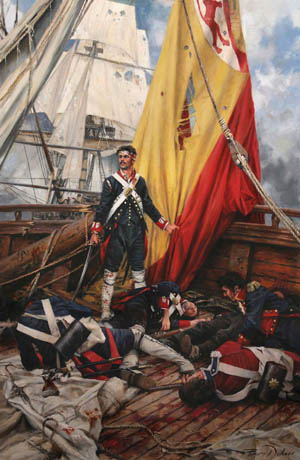 Spanish marine grenadier Martin Alvarez and his fellow soldiers put up a stiff, but futile, resistance on the San Nicolas in the face of an attack by Commodore Nelson’s boarding party. To reach the San Nicolas, Nelson and his men climbed the bowsprit and then balanced themselves on the spritsail yard to access the enemy deck.